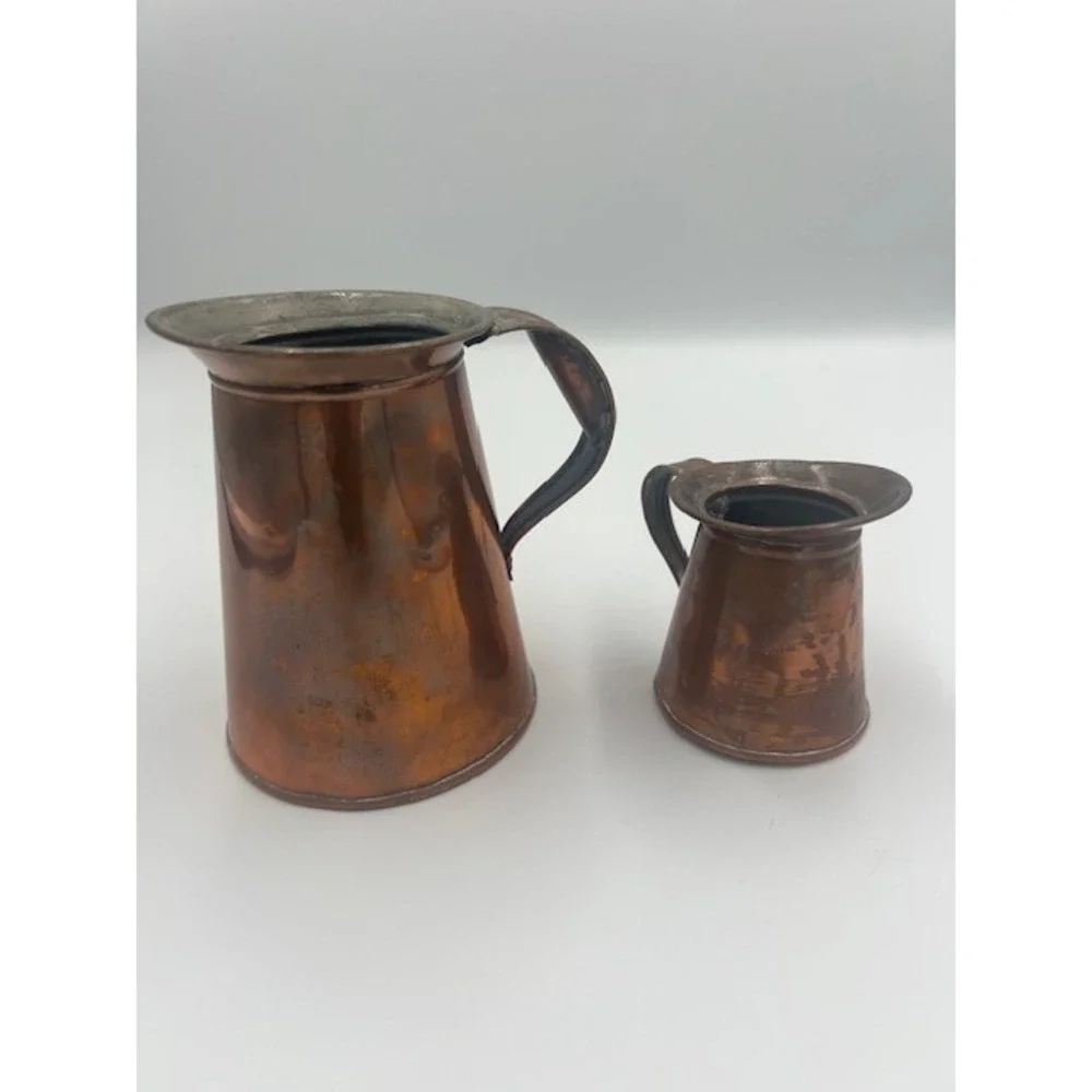 Vintage Copper Pitcher Set of 2 Rustic Farmhouse Decorative Jugs Patina 5